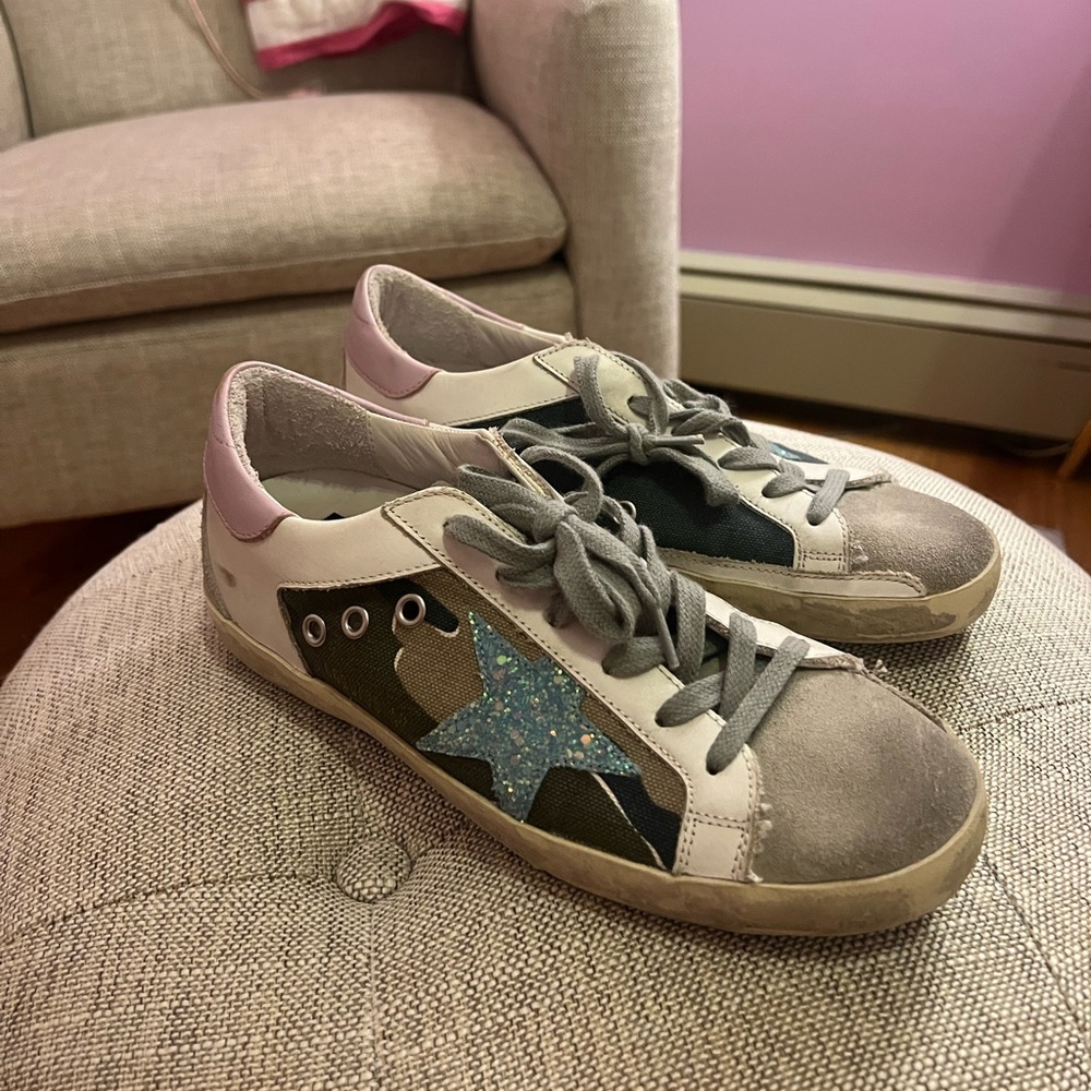 Golden Goose Superstars | White with camo, blue star and pink back |